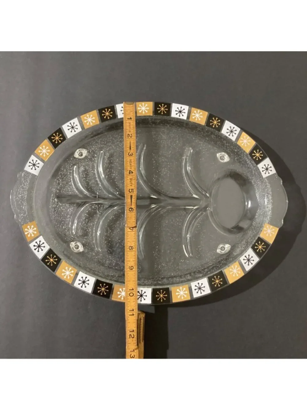 Vintage Glass Atomic Starburst MCM Gold Black Plate Tray Charcuterie
